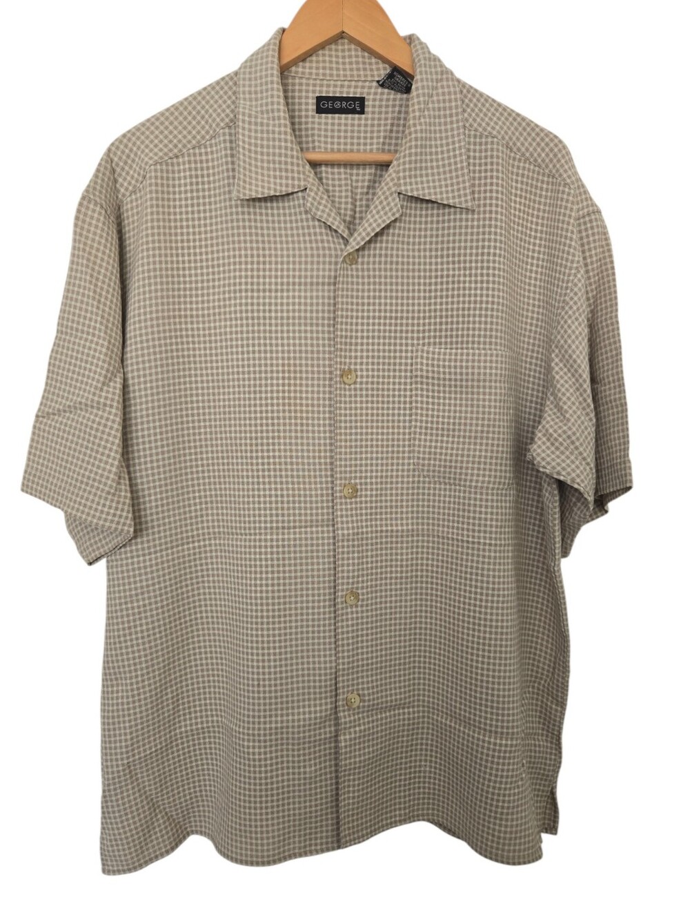 👔 George Men's Beige Gingham Button-Up Shirt | Short Sleeve | Size Large